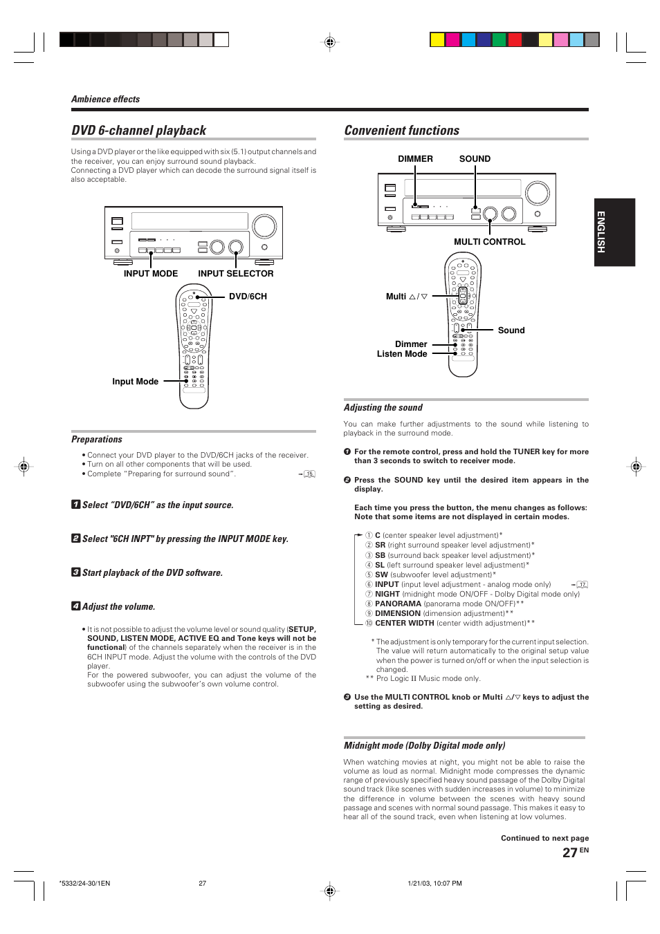 Dvd 6-channel playback, Convenient functions | Kenwood KRF-V6070D User Manual | Page 27 / 200