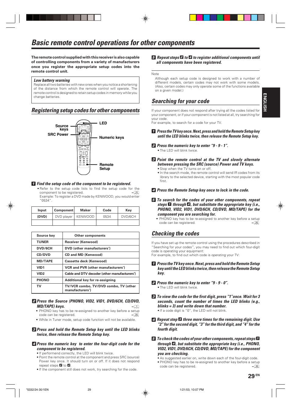 Remote control, Registering setup codes for other components, Searching for your code | Checking the codes | Kenwood KRF-V6070D User Manual | Page 29 / 200