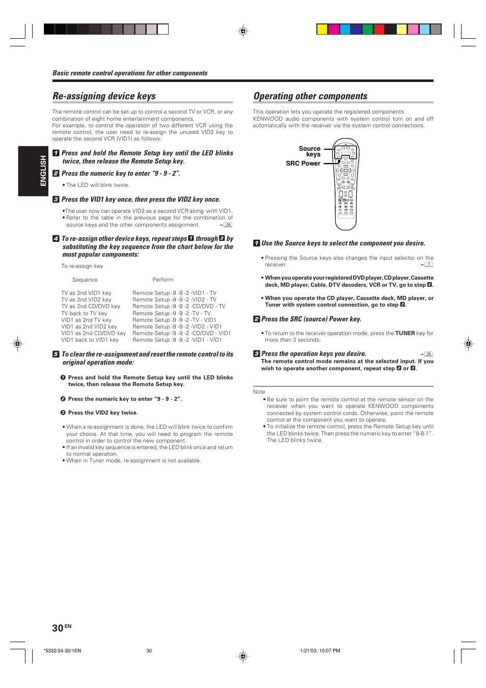 Re-assigning device keys, Operating other components | Kenwood KRF-V6070D User Manual | Page 30 / 200