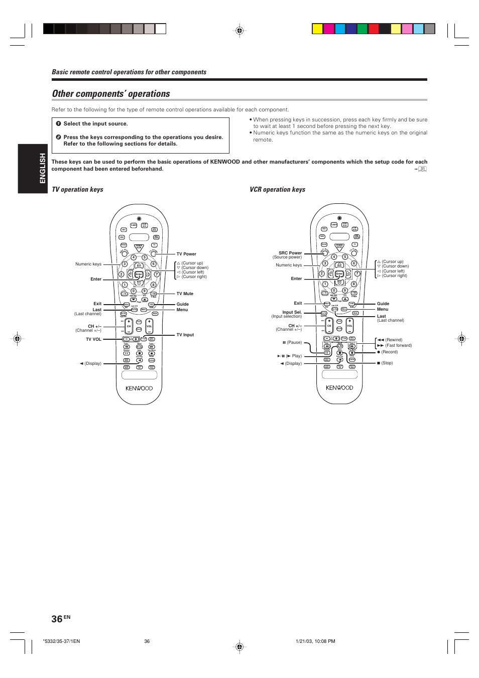 Other components’ operations, Tv operation keys vcr operation keys, English | Kenwood KRF-V6070D User Manual | Page 36 / 200