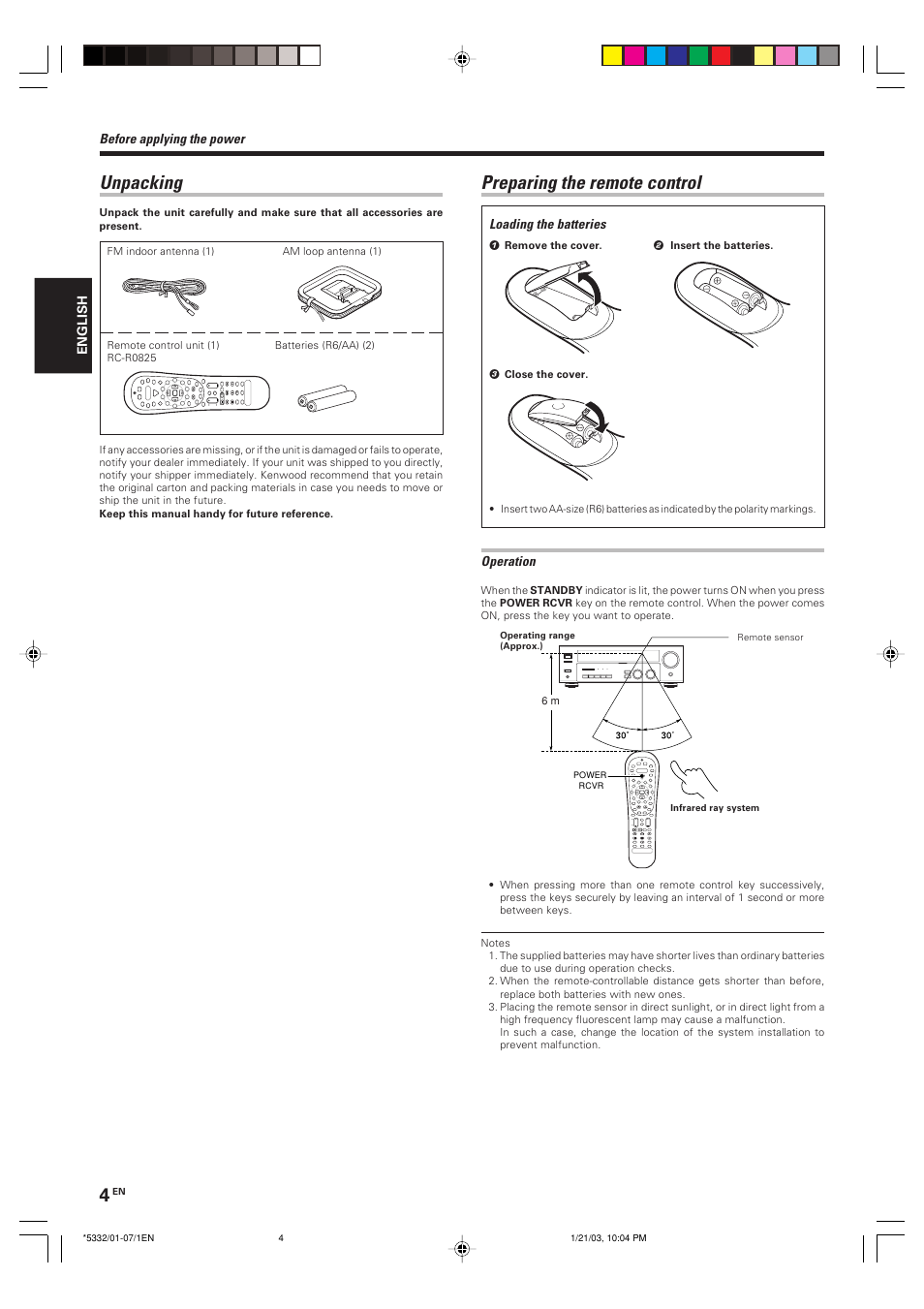 Unpacking, Preparing the remote control | Kenwood KRF-V6070D User Manual | Page 4 / 200