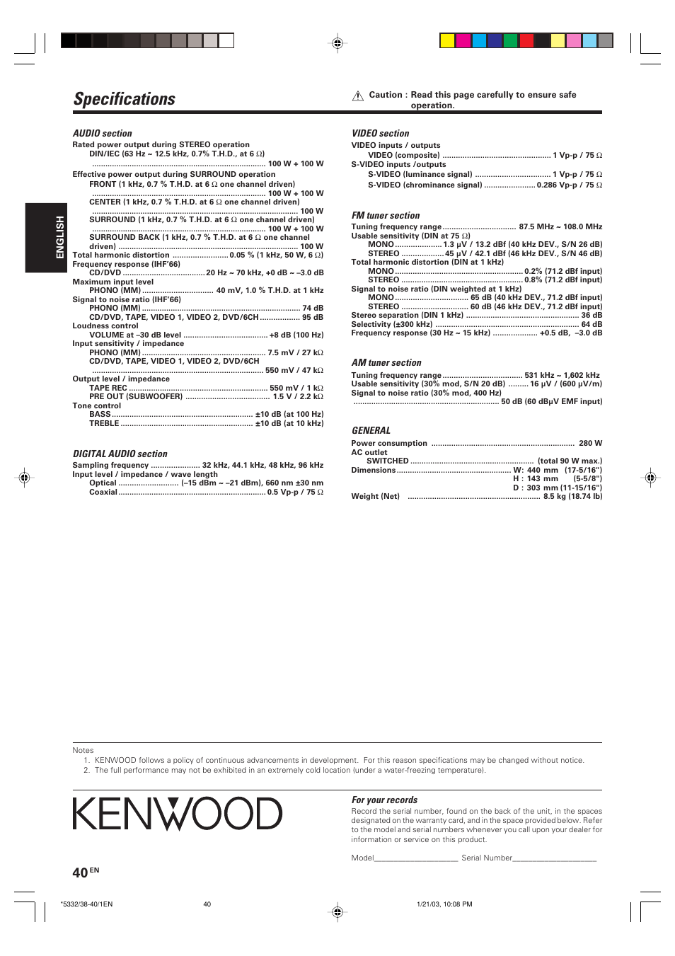 Specifications | Kenwood KRF-V6070D User Manual | Page 40 / 200