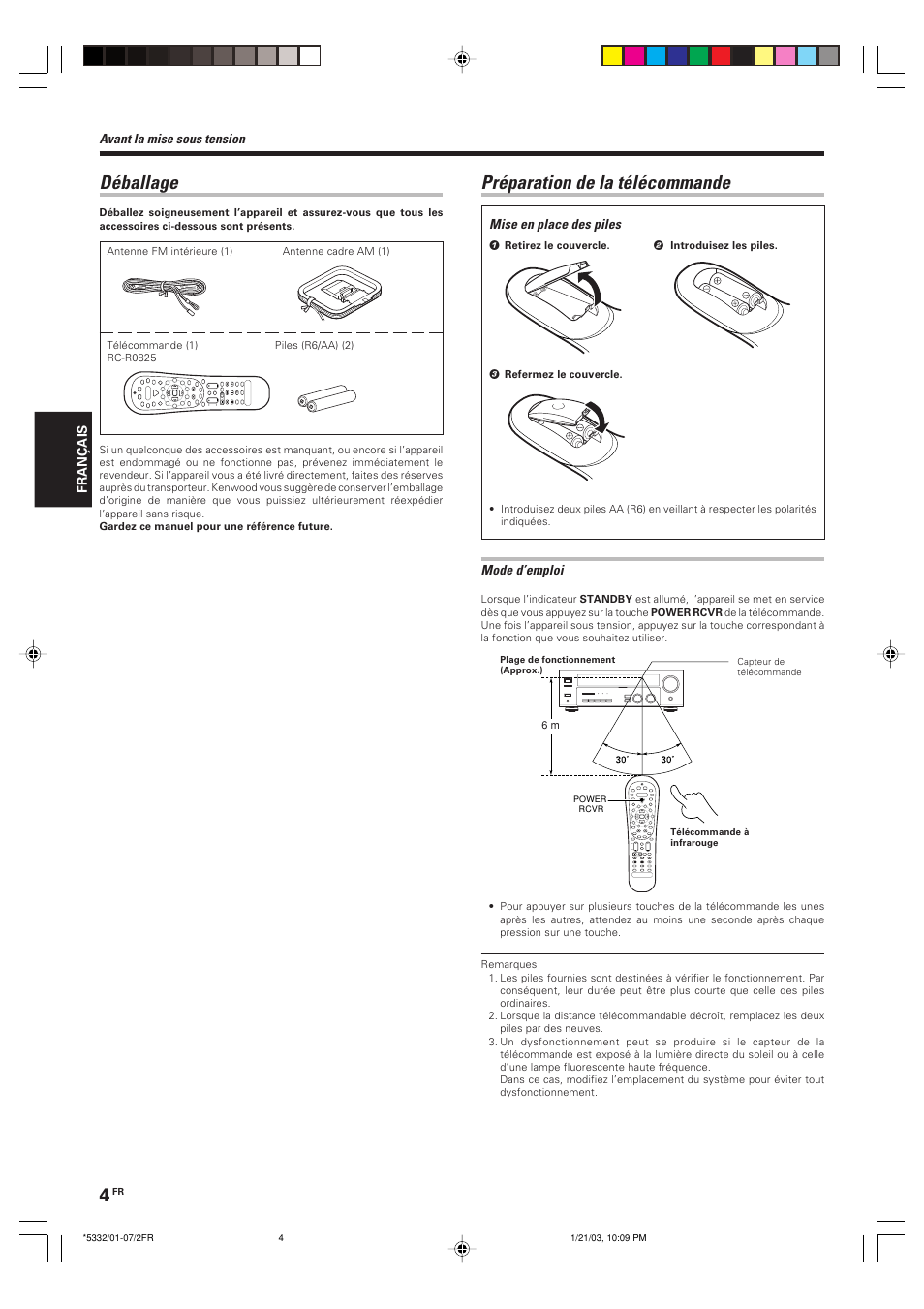 Deballage, Preparation de la telecommande, Préparation de la télécommande | Déballage | Kenwood KRF-V6070D User Manual | Page 44 / 200