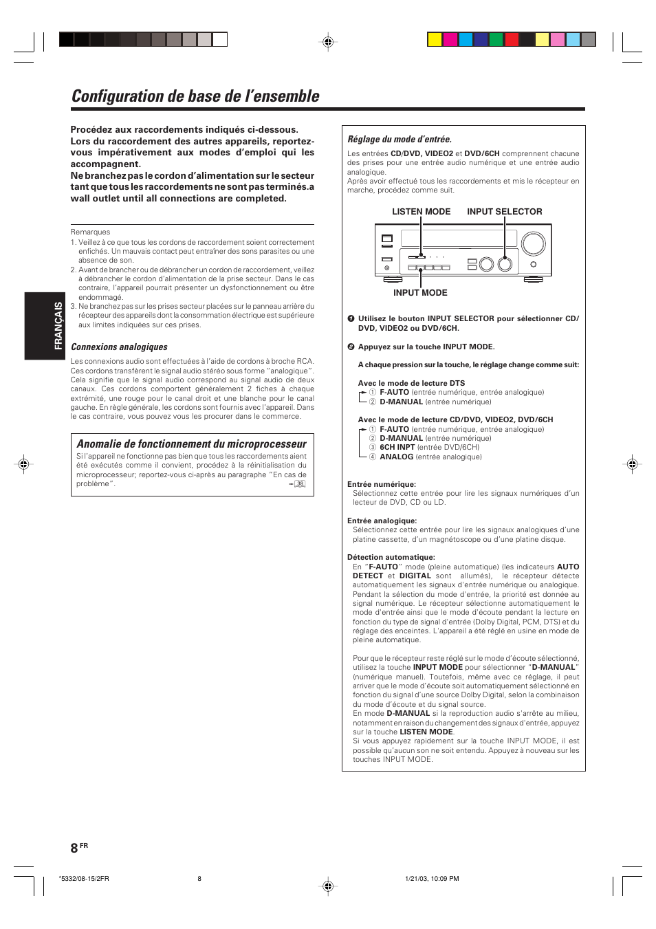 Configuration de base de l’ensemble, Anomalie de fonctionnement du microprocesseur | Kenwood KRF-V6070D User Manual | Page 48 / 200