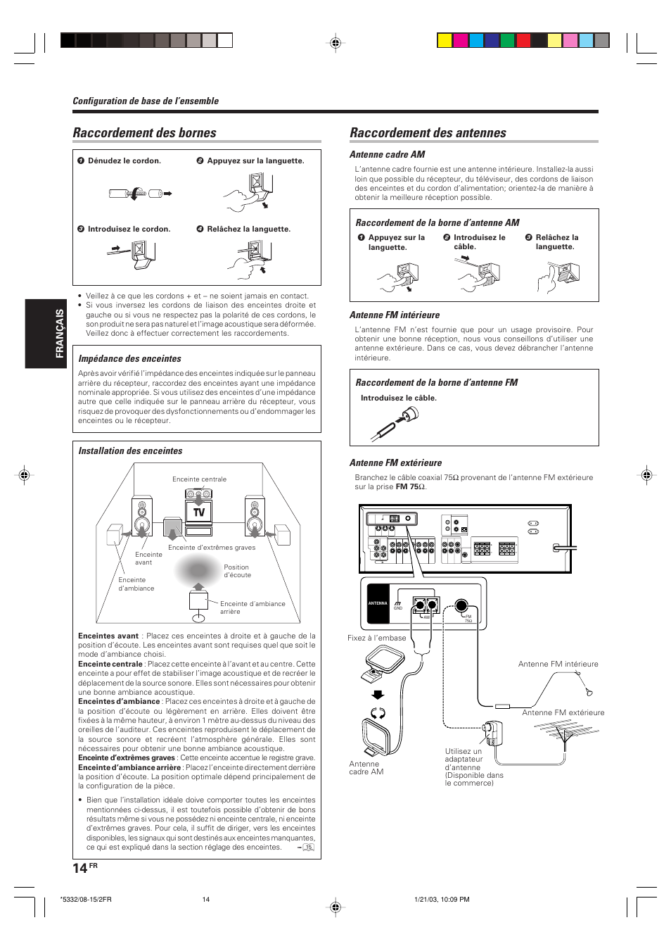 Raccordement des bornes, Raccordement des antennes, Configuration de base de l’ensemble | Impédance des enceintes, Antenne cadre am, Antenne fm intérieure, Antenne fm extérieure, Installation des enceintes | Kenwood KRF-V6070D User Manual | Page 54 / 200