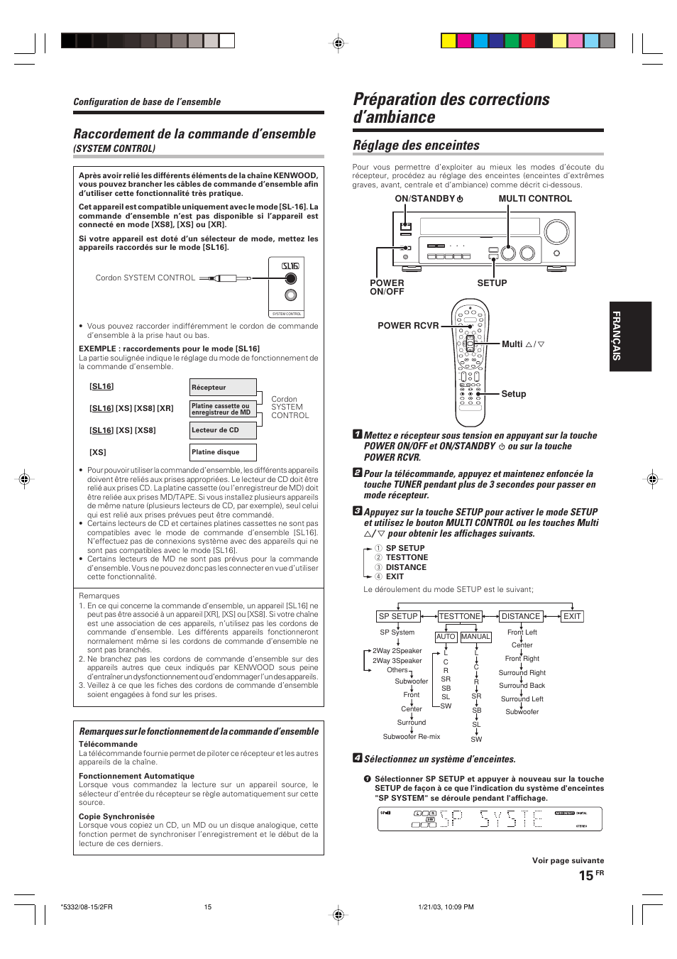 Preparation des corrections d’ambiance, Reglage des enceintes, Préparation des corrections d’ambiance | Raccordement de la commande d’ensemble, Réglage des enceintes | Kenwood KRF-V6070D User Manual | Page 55 / 200