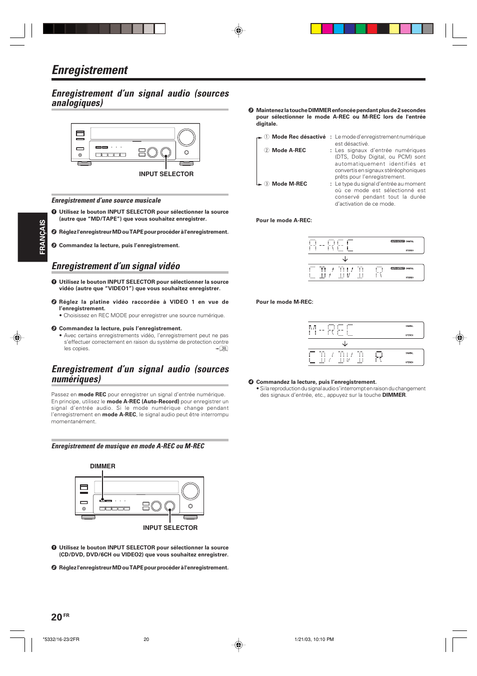 Enregistrement, Enregistrement d’un signal video, Enregistrement d’un signal vidéo | Kenwood KRF-V6070D User Manual | Page 60 / 200