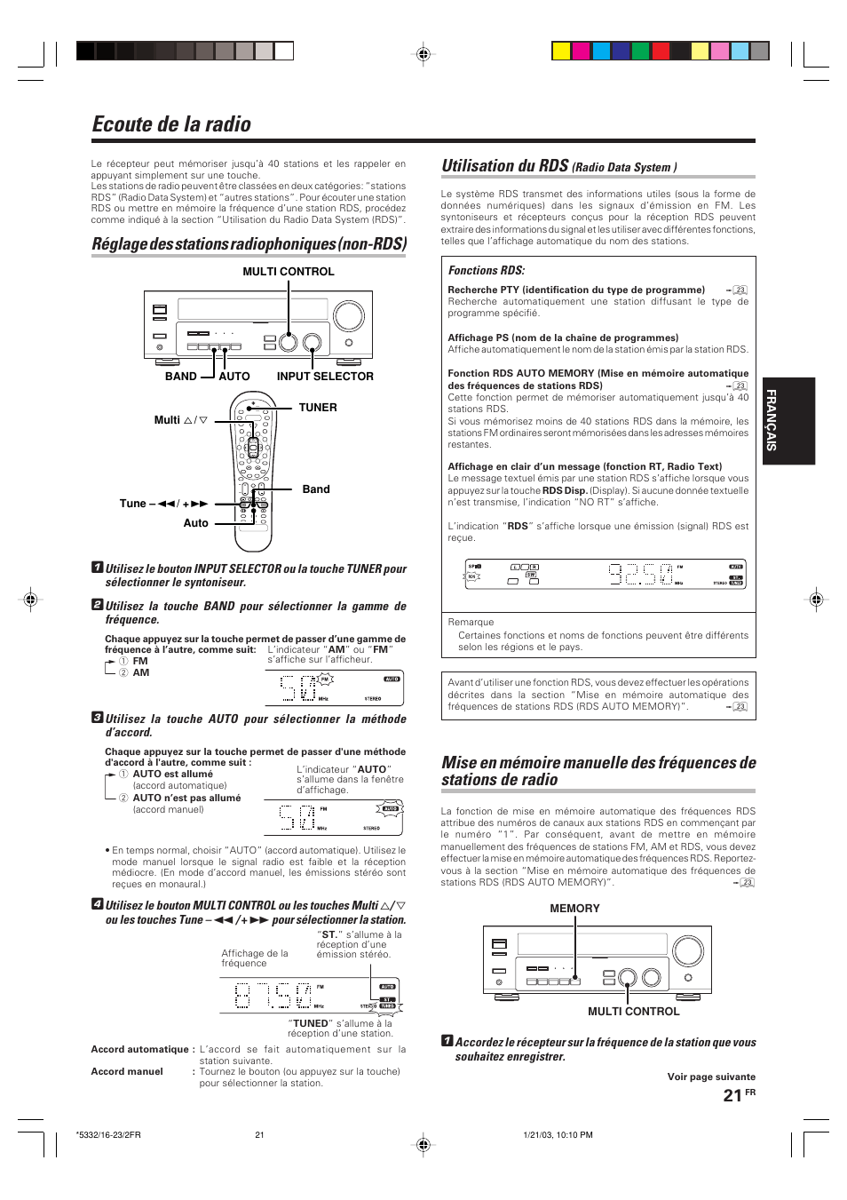 Ecoute de la radio, Reglage des stations radiophoniques (non-rds), Utilisation du rds (radio data system ) | Réglage des stations radiophoniques (non-rds), Utilisation du rds | Kenwood KRF-V6070D User Manual | Page 61 / 200