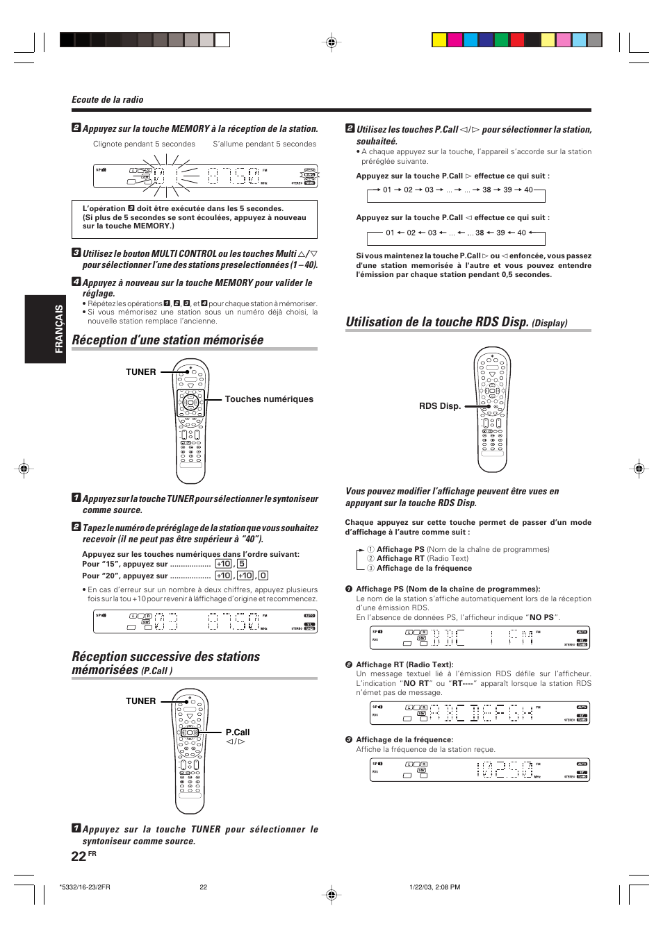 Reception d’une station memorisee, Utilisation de la touche rds disp. (display), Réception d’une station mémorisée | Réception successive des stations mémorisées, Utilisation de la touche rds disp | Kenwood KRF-V6070D User Manual | Page 62 / 200