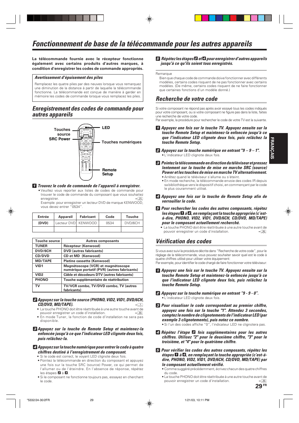 Telecommande, Recherche de votre code, Verification des codes | Vérification des codes | Kenwood KRF-V6070D User Manual | Page 69 / 200