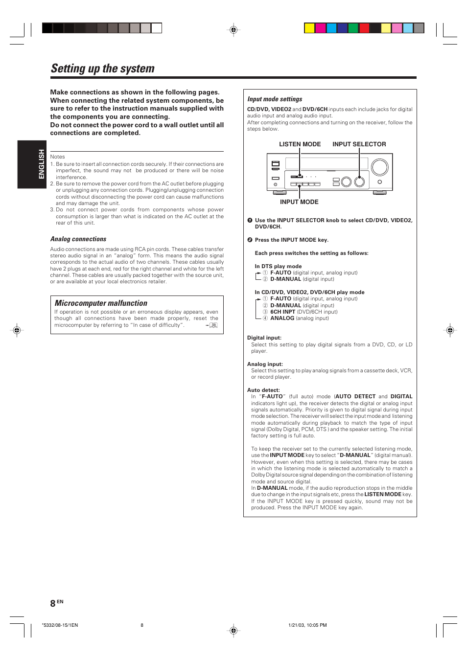 Setting up the system, Microcomputer malfunction | Kenwood KRF-V6070D User Manual | Page 8 / 200