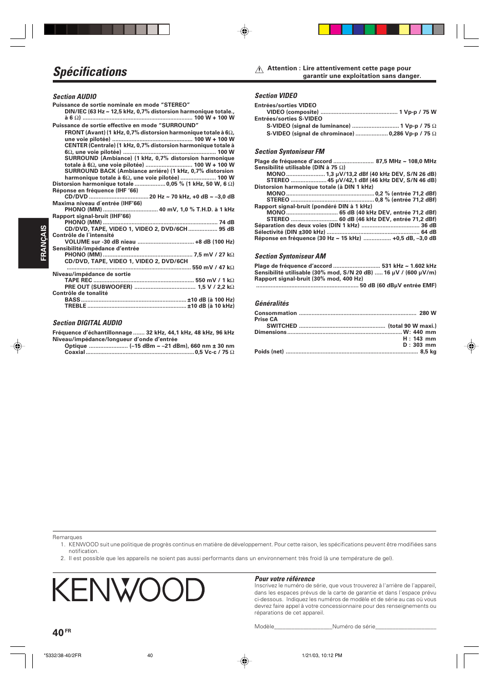 Specifications, Spécifications | Kenwood KRF-V6070D User Manual | Page 80 / 200