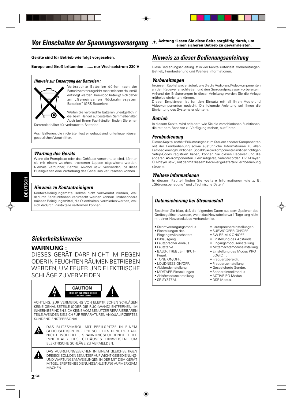 Vorbereitungen, Vor einschalten der spannungsversorgung, Sicherheitshinweise | Hinweis zu dieser bedienungsanleitung, Sicherheitshinweise warnung, Betrieb, Fernbedienung, Weitere informationen, Wartung des geräts, Hinweis zu kontactreinigern | Kenwood KRF-V6070D User Manual | Page 82 / 200