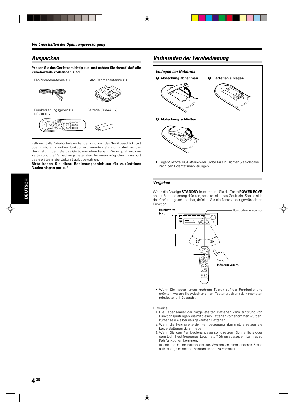 Auspacken, Vorbereiten der fernbedienung | Kenwood KRF-V6070D User Manual | Page 84 / 200