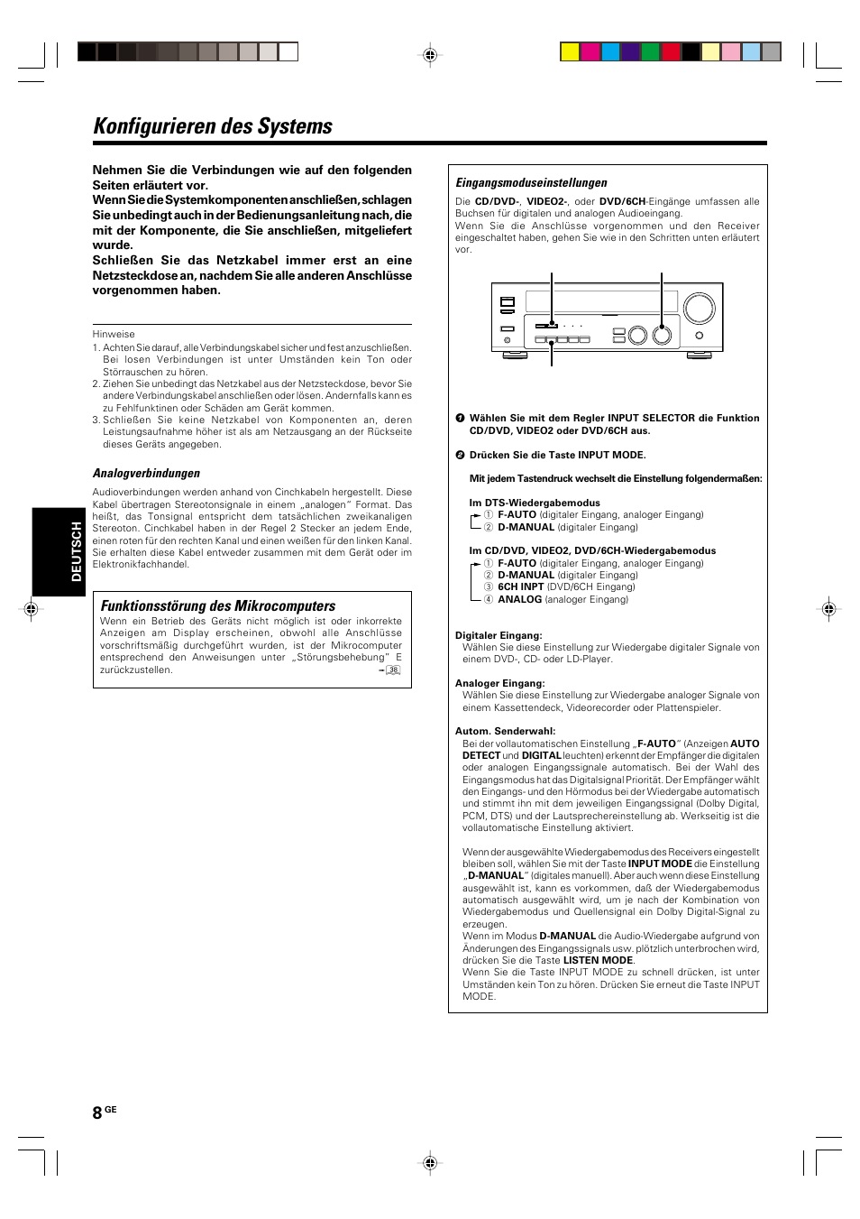 Konfigurieren des systems, Funktionsstörung des mikrocomputers | Kenwood KRF-V6070D User Manual | Page 88 / 200