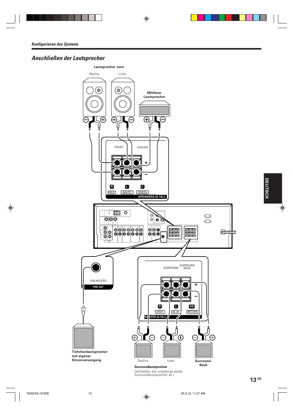 Anschliesen der lautsprecher, Anschließen der lautsprecher, Konfigurieren des systems | Kenwood KRF-V6070D User Manual | Page 93 / 200