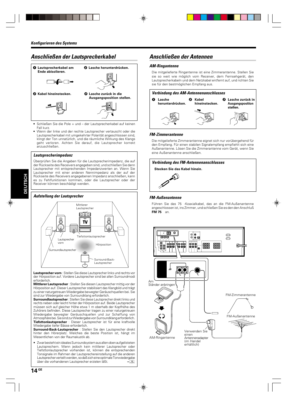 Anschliesen der lautsprecherkabel, Anschliesen der antennen, Anschließen der lautsprecherkabel | Anschließen der antennen, Konfigurieren des systems, Lautsprecherimpedanz, Am-ringantenne, Fm-zimmerantenne, Fm-außenantenne, Verbindung des am-antennenanschlusses | Kenwood KRF-V6070D User Manual | Page 94 / 200