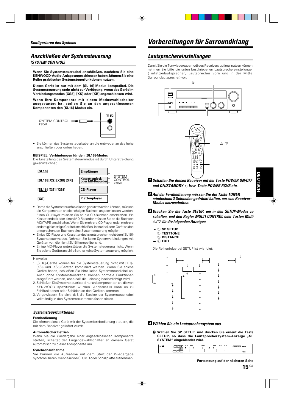 Anschliesen der systemsteuerung (system control), Vorbereitungen fur surroundklang, Lautsprechereinstellungen | Vorbereitungen für surroundklang, Anschließen der systemsteuerung | Kenwood KRF-V6070D User Manual | Page 95 / 200