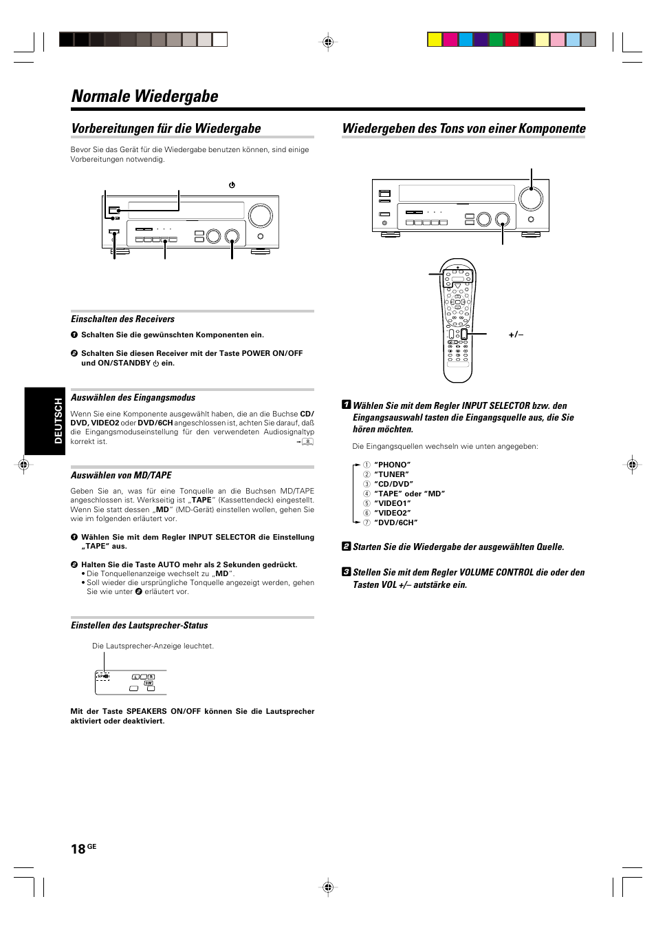 Betrieb, Normale wiedergabe, Vorbereitungen fur die wiedergabe | Wiedergeben des tons von einer komponente, Vorbereitungen für die wiedergabe | Kenwood KRF-V6070D User Manual | Page 98 / 200