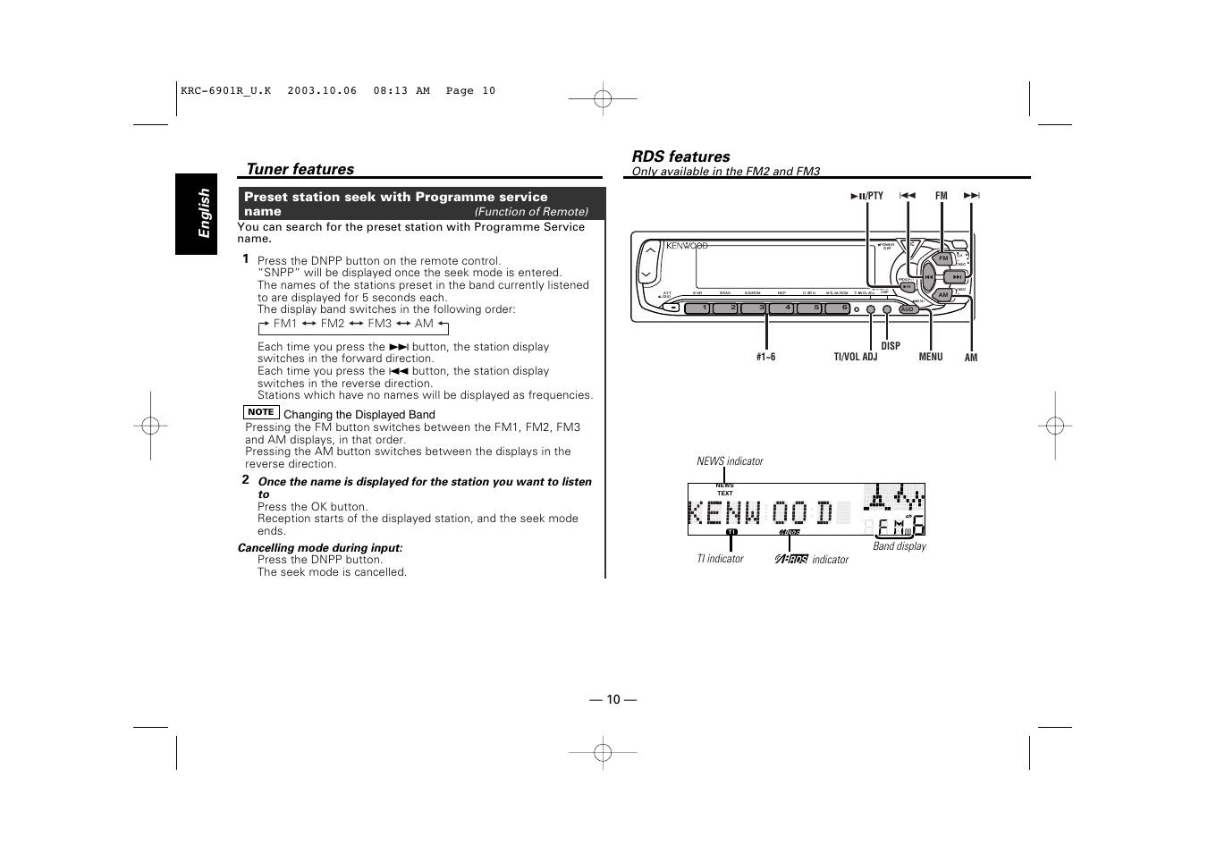 Station name preset play (snpp), Rds features, Tuner features | English, 1preset station seek with programme service name | Kenwood KRC-6901R User Manual | Page 10 / 38