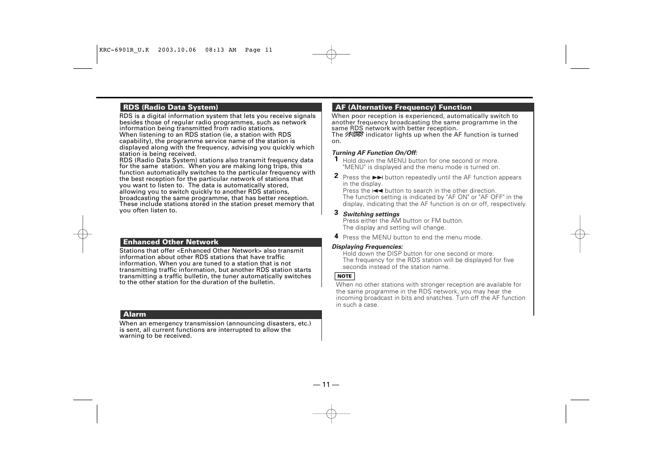 Rds (radio data system), Enhanced other network, Alarm | Af (alternative frequency) function | Kenwood KRC-6901R User Manual | Page 11 / 38