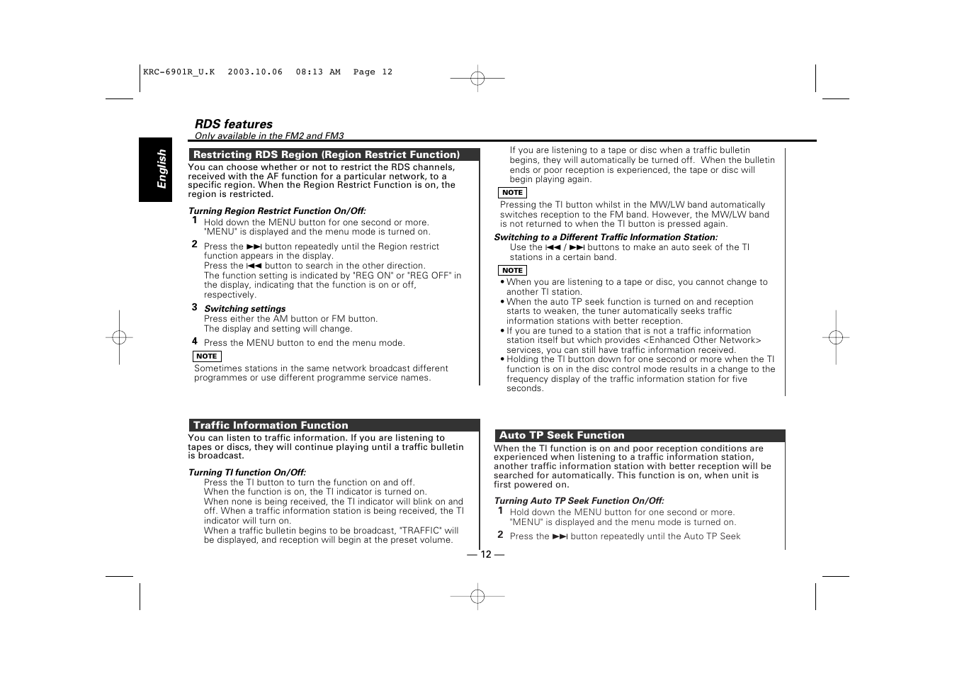 Restricting rds region (region restrict function), Traffic information function, Auto tp seek function | Kenwood KRC-6901R User Manual | Page 12 / 38