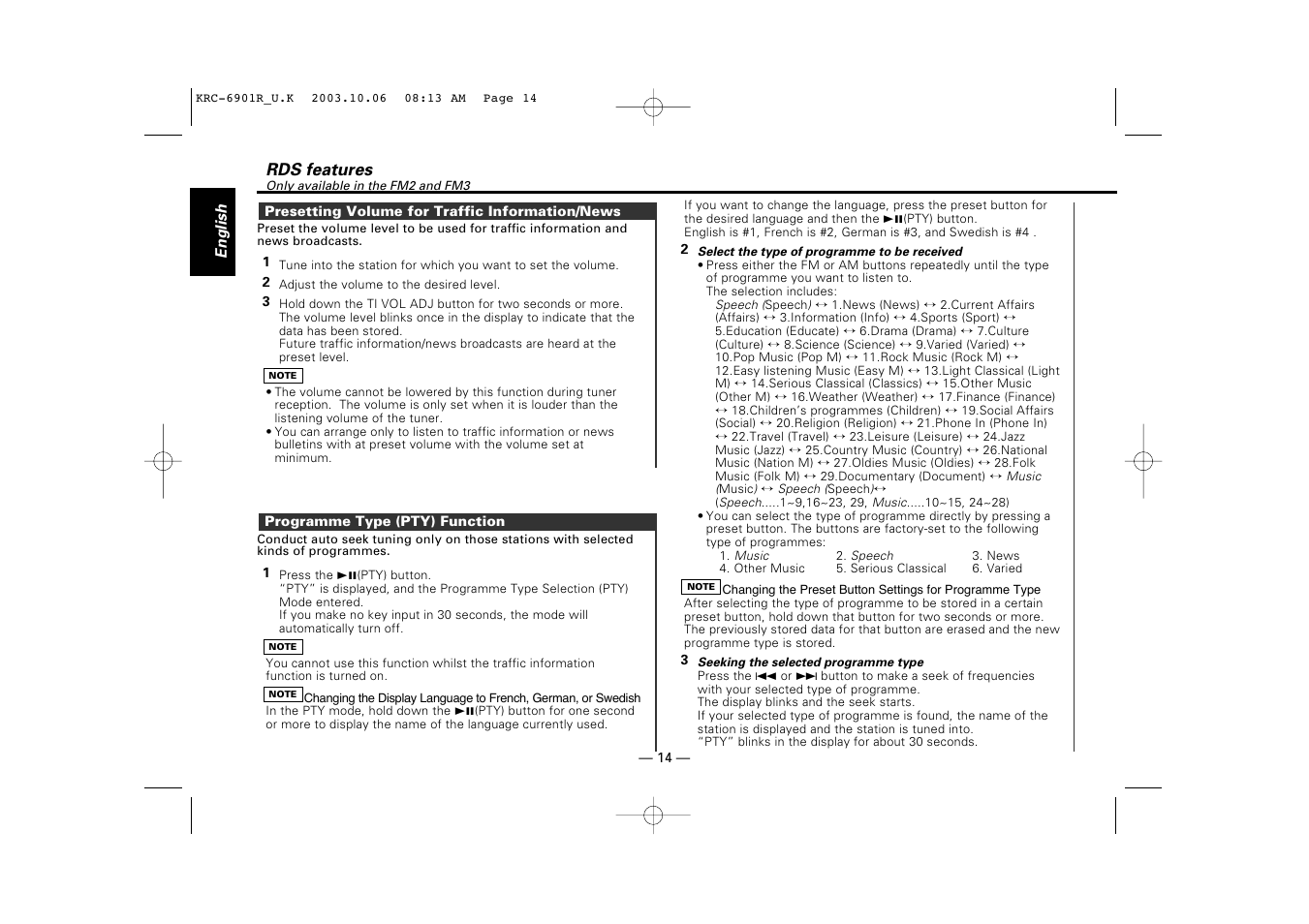 Presetting volume for traffic information/news, Programme type (pty) function | Kenwood KRC-6901R User Manual | Page 14 / 38