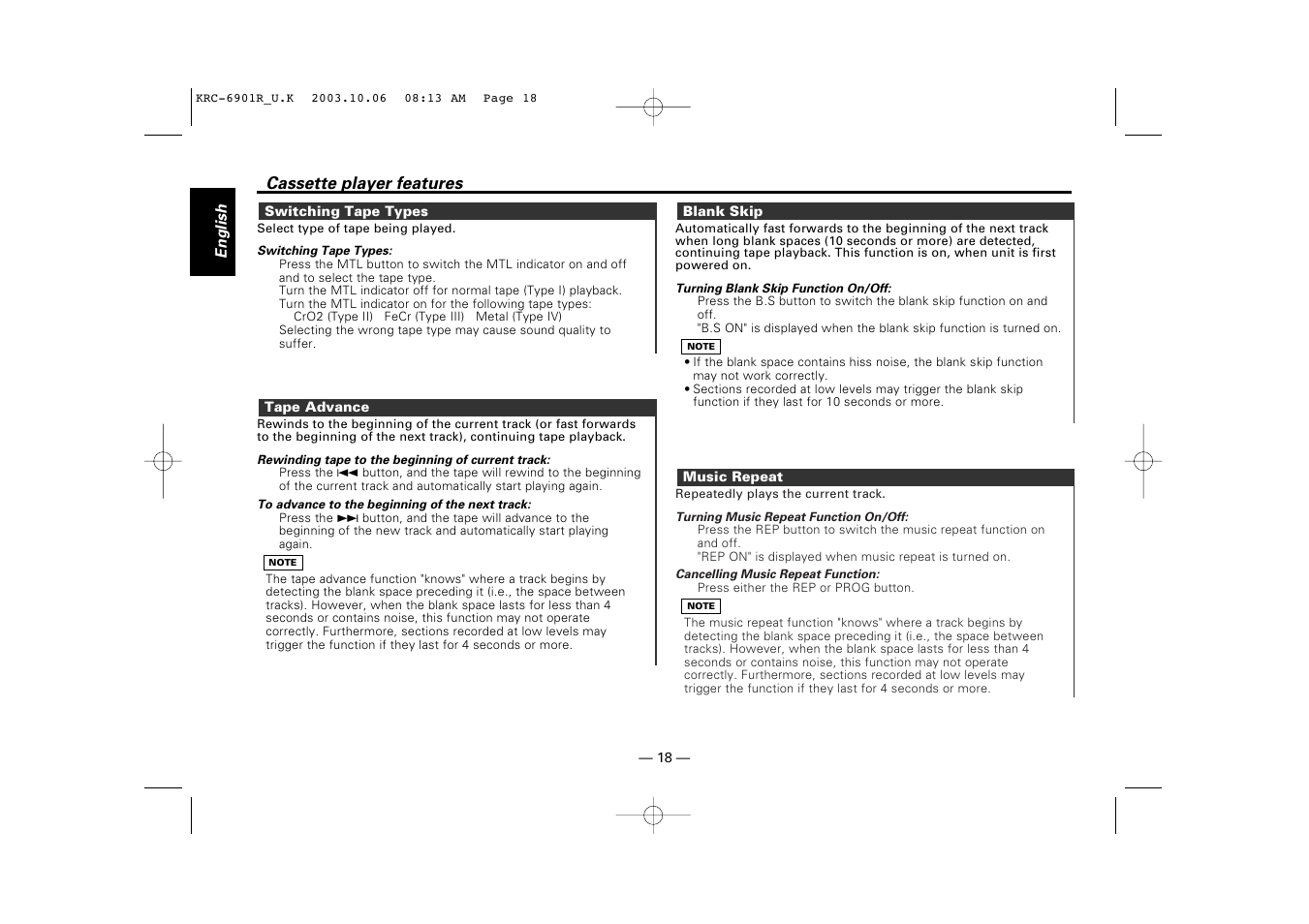 Switching tape types, Tape advance, Blank skip | Music repeat | Kenwood KRC-6901R User Manual | Page 18 / 38