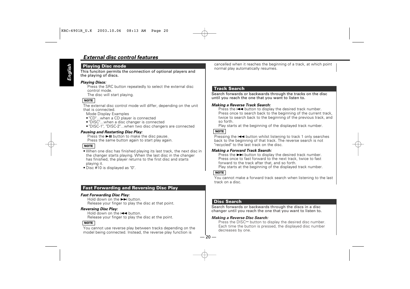 Playing disc mode, Fast forwarding and reversing disc play, Track search | Disc search | Kenwood KRC-6901R User Manual | Page 20 / 38