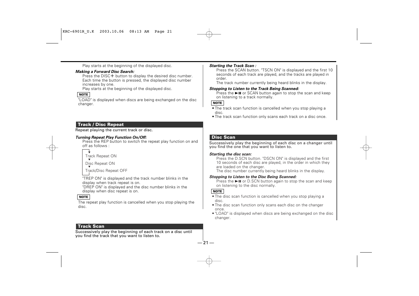 Track / disc repeat, Track scan, Disc scan | Kenwood KRC-6901R User Manual | Page 21 / 38