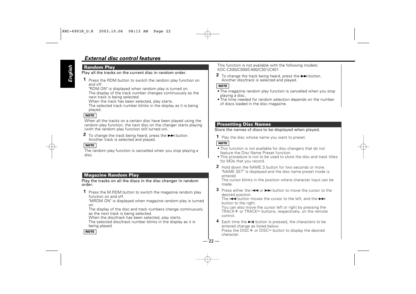 Random play, Magazine random play, Presetting disc names | Kenwood KRC-6901R User Manual | Page 22 / 38