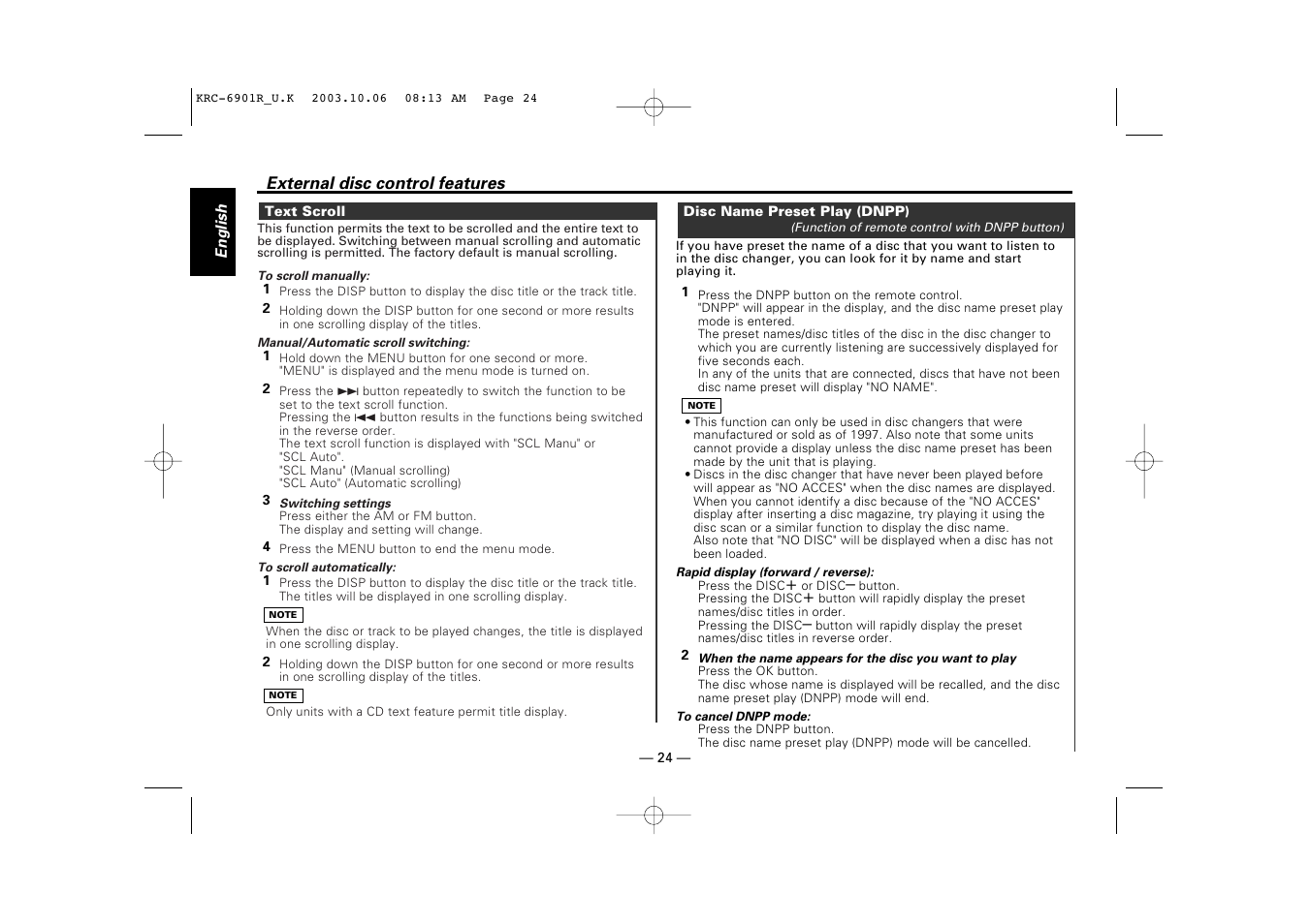 Text scroll, Disc name preset play (dnpp) | Kenwood KRC-6901R User Manual | Page 24 / 38