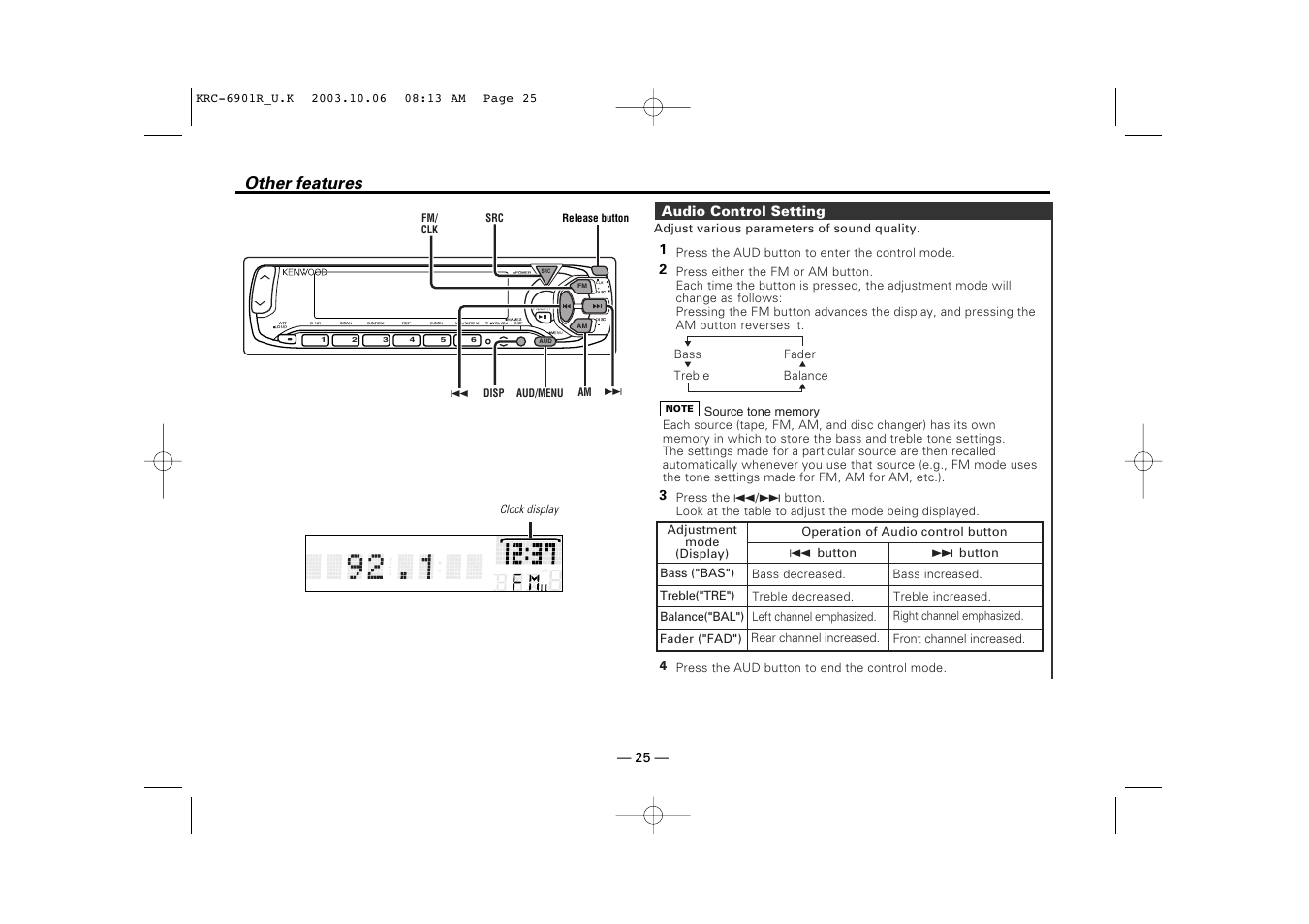 Other features, Audio control setting | Kenwood KRC-6901R User Manual | Page 25 / 38