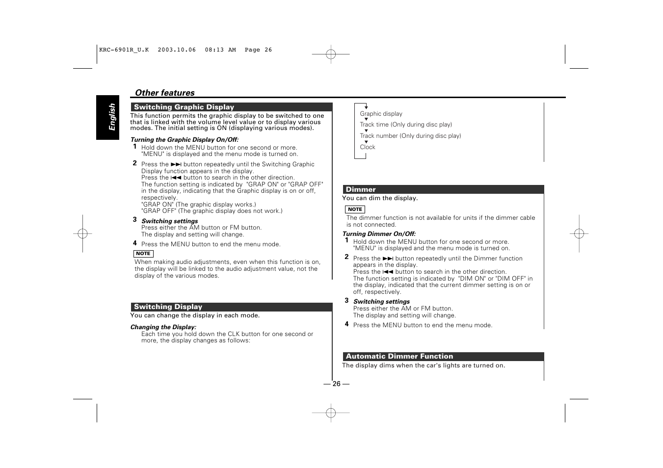 Switching graphic display, Switching display, Dimmer | Automatic dimmer function | Kenwood KRC-6901R User Manual | Page 26 / 38