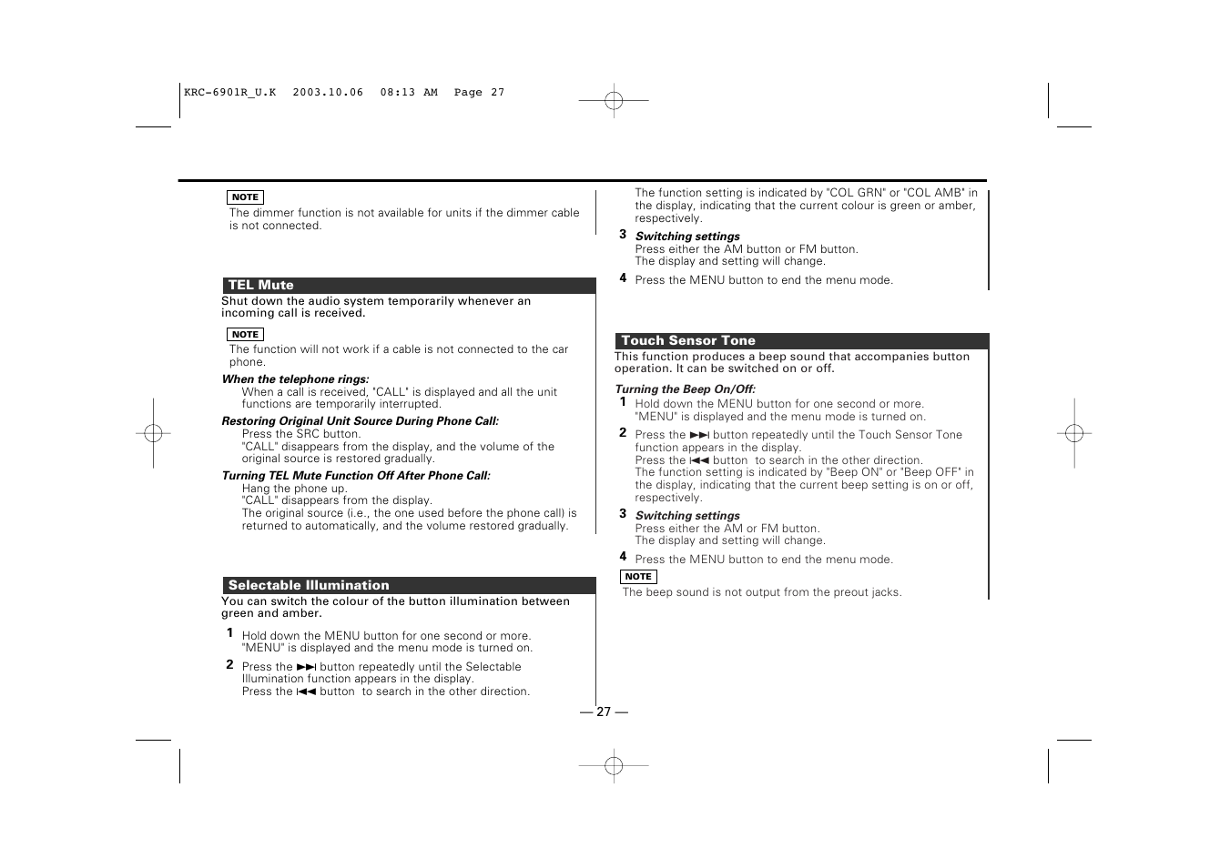 Tel mute, Selectable illumination, Touch sensor tone | Kenwood KRC-6901R User Manual | Page 27 / 38