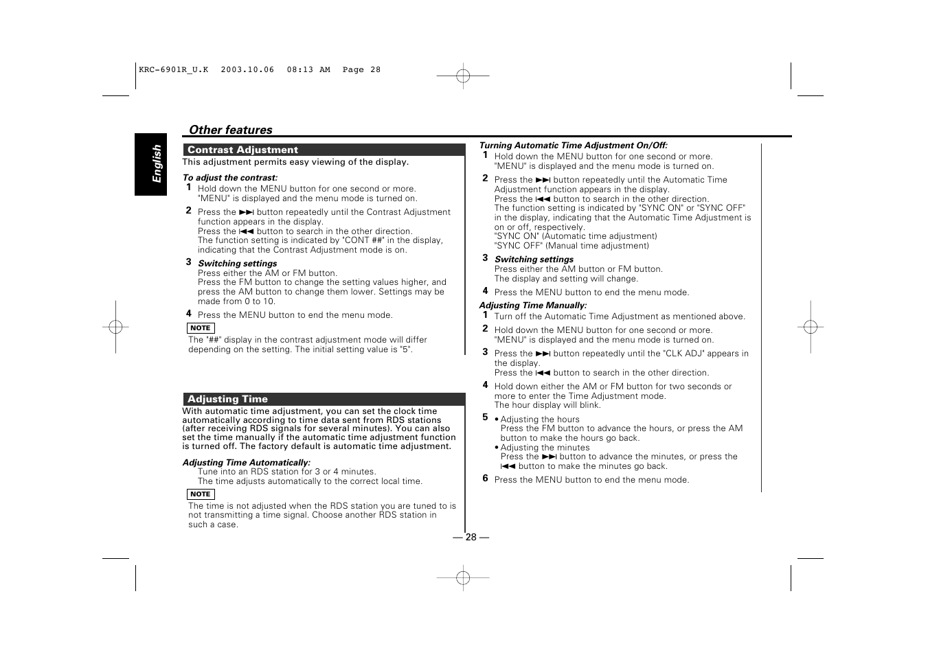 Contrast adjustment, Adjusting time | Kenwood KRC-6901R User Manual | Page 28 / 38