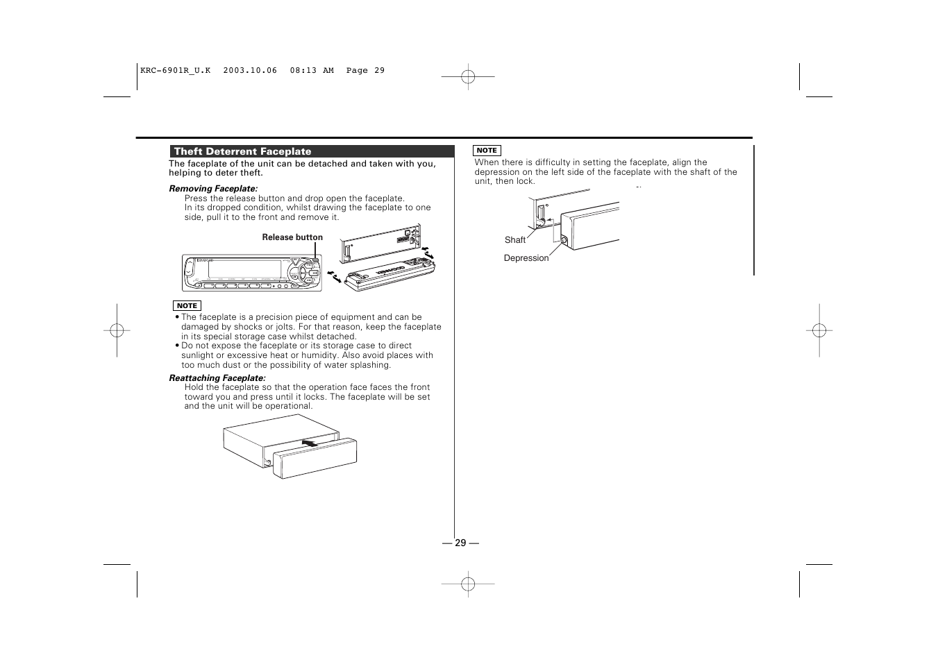 Theft deterrent faceplate, Prog/pty vol adj ti dab, Clk b nr | Kenwood KRC-6901R User Manual | Page 29 / 38