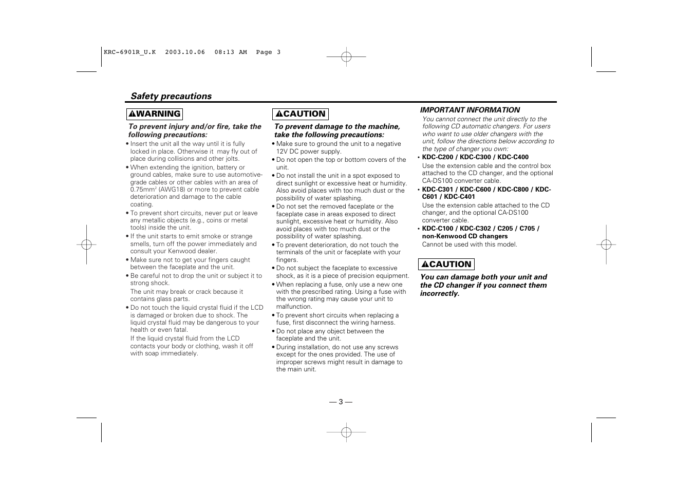 Before use, Safety precautions | Kenwood KRC-6901R User Manual | Page 3 / 38