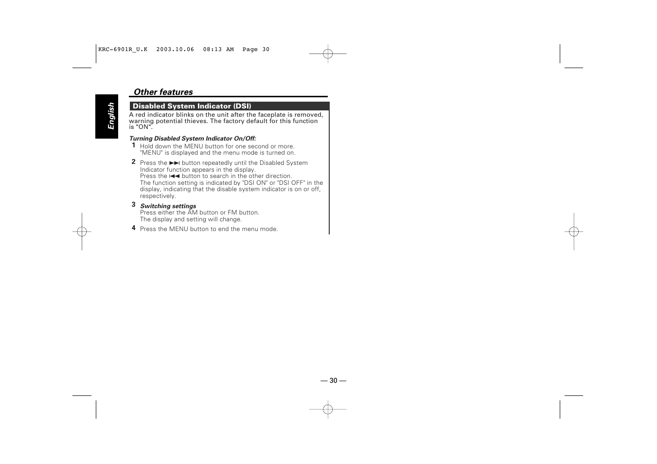 Disabled system indicator (dsi) | Kenwood KRC-6901R User Manual | Page 30 / 38