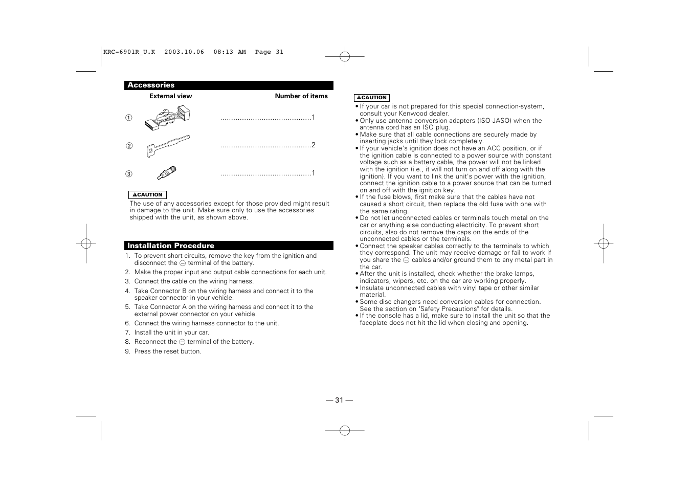 Installation, Accessories, Installation procedure | Kenwood KRC-6901R User Manual | Page 31 / 38