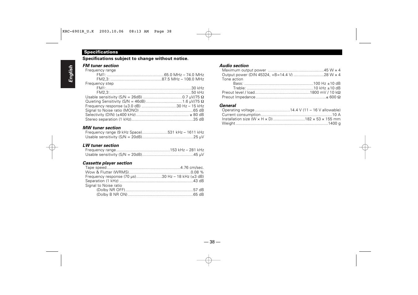 Specifications | Kenwood KRC-6901R User Manual | Page 38 / 38