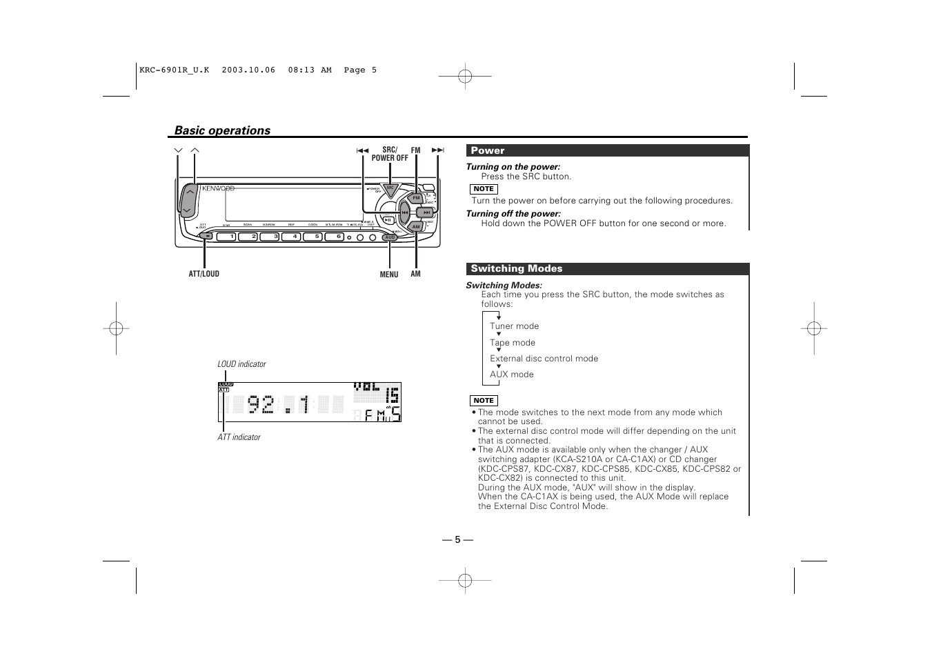 Basic operations, Power, Switching modes | Kenwood KRC-6901R User Manual | Page 5 / 38