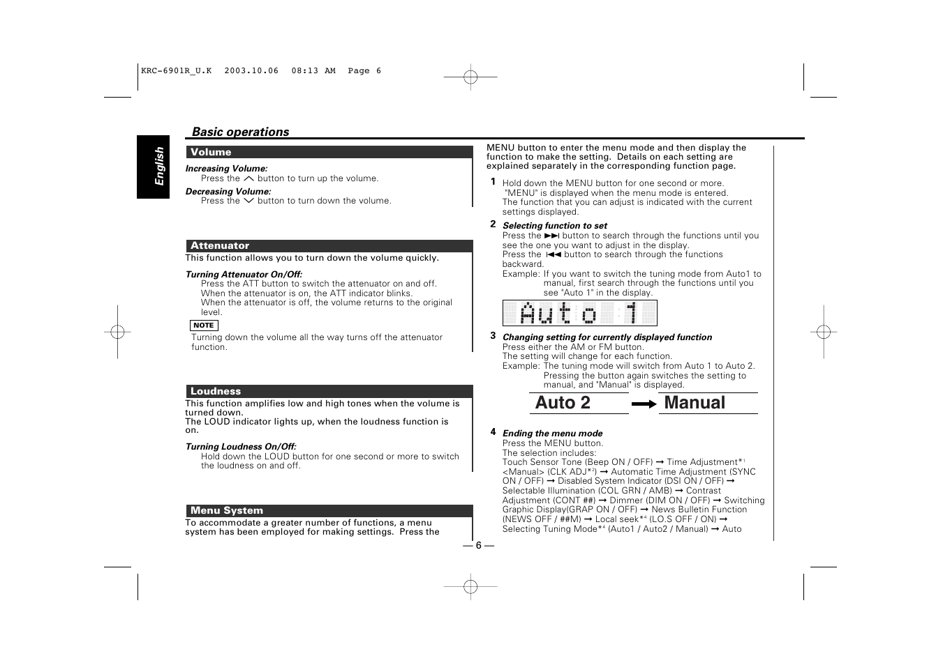 Volume, Attenuator, Loudness | Menu system, Auto 2 manual | Kenwood KRC-6901R User Manual | Page 6 / 38