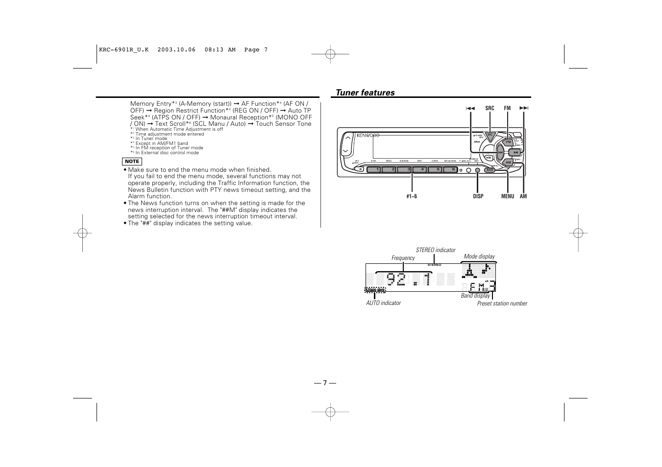 Tuner features | Kenwood KRC-6901R User Manual | Page 7 / 38