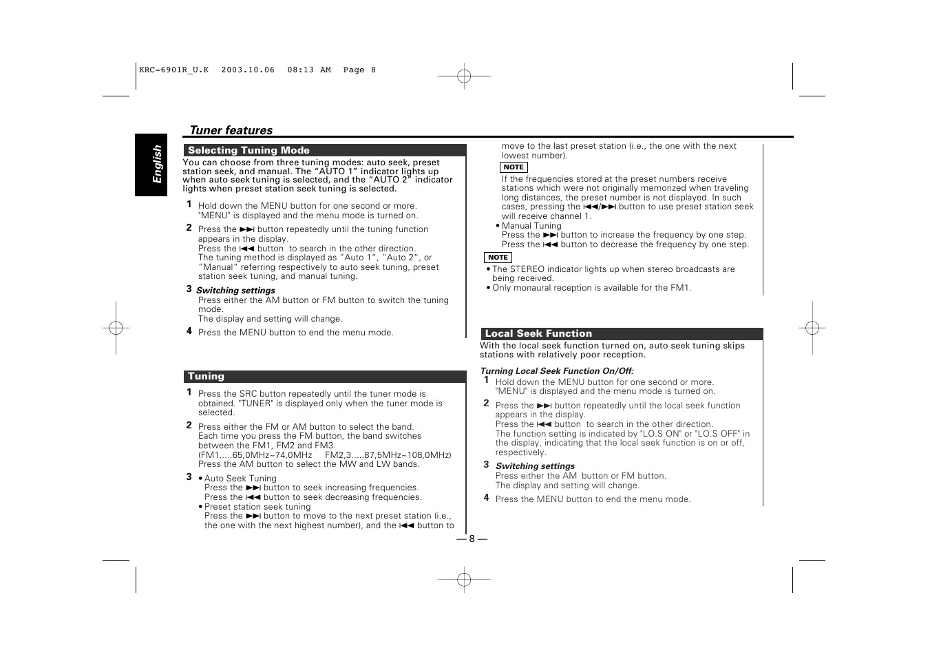 Selecting tuning mode, Tuning, Local seek function | Kenwood KRC-6901R User Manual | Page 8 / 38