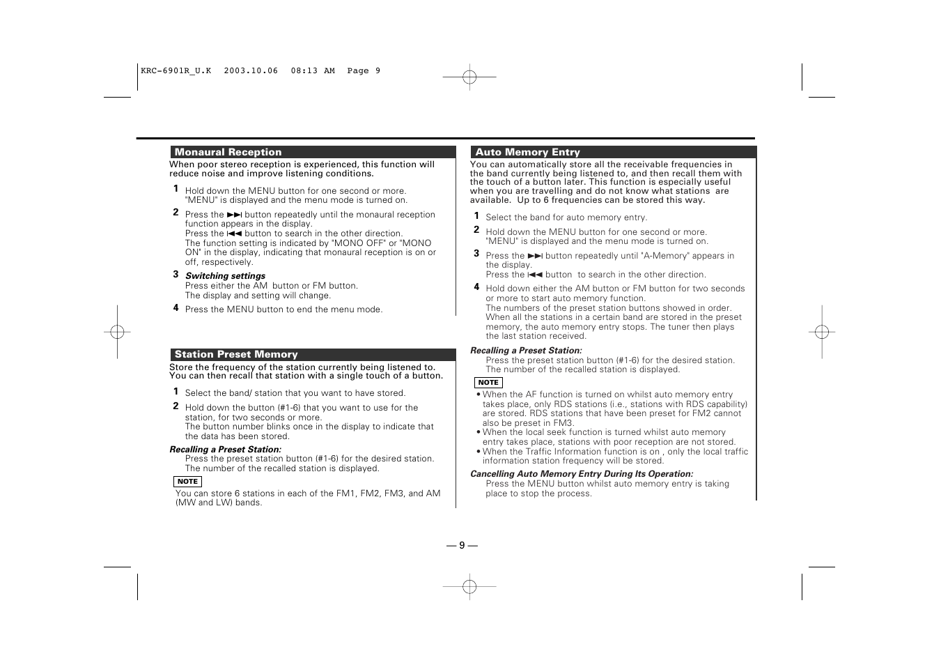 Monaural reception, Station preset memory, Auto memory entry | Kenwood KRC-6901R User Manual | Page 9 / 38