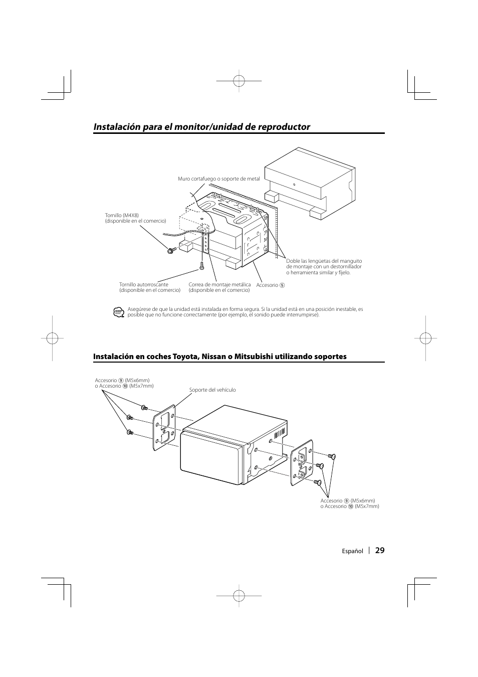 Instalación para el monitor/unidad de reproductor | Kenwood DNX7100 User Manual | Page 29 / 32