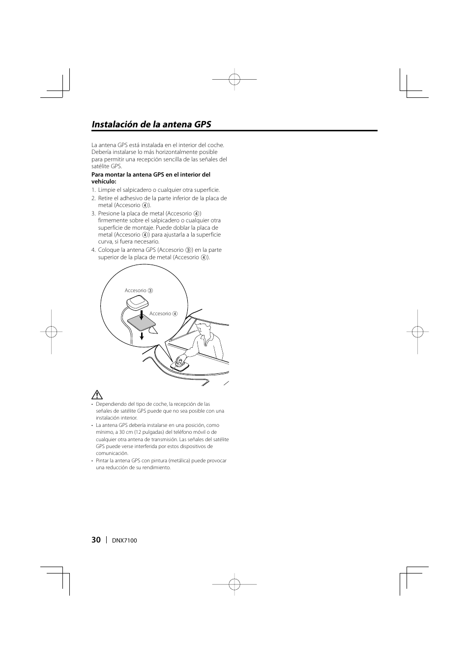 Instalación de la antena gps | Kenwood DNX7100 User Manual | Page 30 / 32