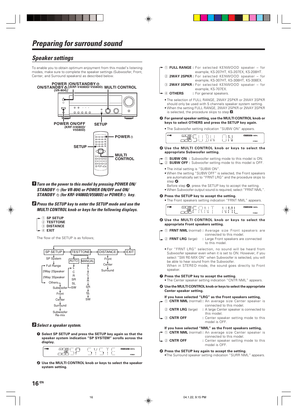 Preparing for surround sound, Speaker settings | Kenwood VR-804 User Manual | Page 16 / 32