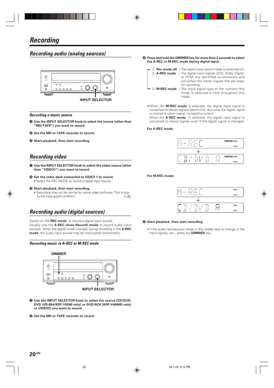 Recording, Recording audio (analog sources), Recording video | Recording audio (digital sources) | Kenwood VR-804 User Manual | Page 20 / 32